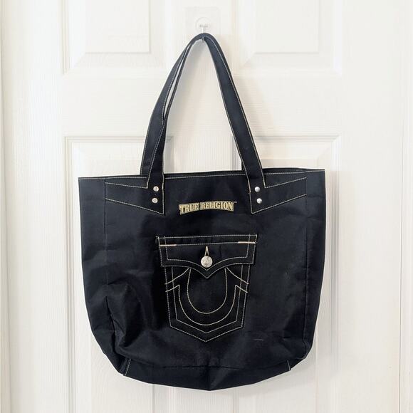 True Religion Black Canvas Tote - 17×13 in - Front Pocket Logo Style - Picture 1 of 4